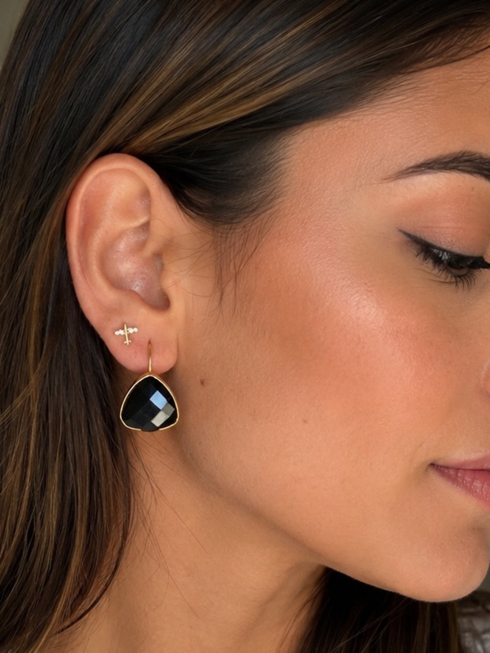 Gold Drop Earrings with Black Faceted Stone